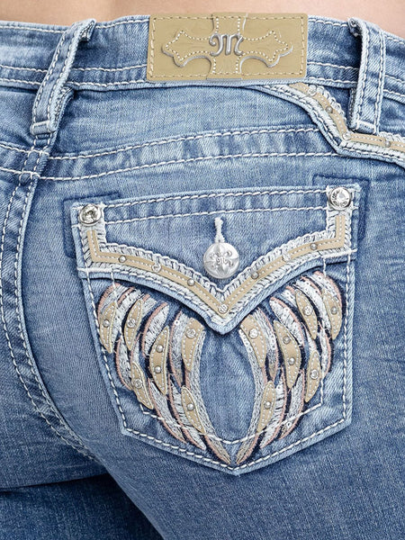 Miss Me M5082B245 Womens Mid Rise Bootcut Jeans Medium Blue back close up. If you need any assistance with this item or the purchase of this item please call us at five six one seven four eight eight eight zero one Monday through Saturday 10:00a.m EST to 8:00 p.m EST