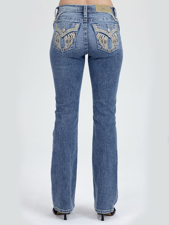 Miss Me M5082B245 Womens Mid Rise Bootcut Jeans Medium Blue back view. If you need any assistance with this item or the purchase of this item please call us at five six one seven four eight eight eight zero one Monday through Saturday 10:00a.m EST to 8:00 p.m EST