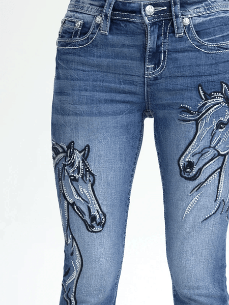 Miss Me M9564BV Womens Jesse Bootcut Jeans Medium Blue front close up. If you need any assistance with this item or the purchase of this item please call us at five six one seven four eight eight eight zero one Monday through Saturday 10:00a.m EST to 8:00 p.m EST