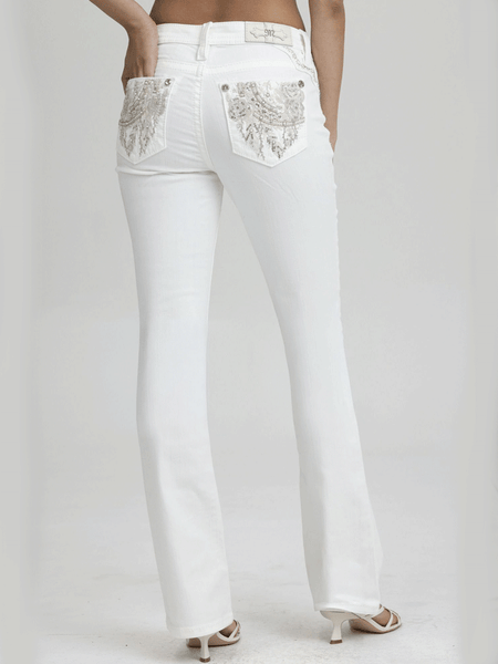 Miss Me M9605B Womens Mid Rise Boot Jeans White back view. If you need any assistance with this item or the purchase of this item please call us at five six one seven four eight eight eight zero one Monday through Saturday 10:00a.m EST to 8:00 p.m EST