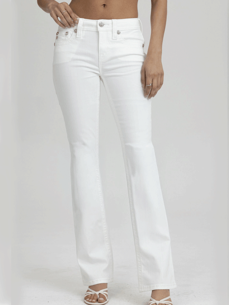 Miss Me M9605B Womens Mid Rise Boot Jeans White front view. If you need any assistance with this item or the purchase of this item please call us at five six one seven four eight eight eight zero one Monday through Saturday 10:00a.m EST to 8:00 p.m EST