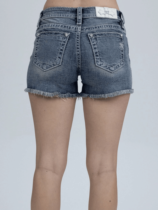 Miss Me M9606H Womens Dilrose Crystal Horse Shorts Medium Wash back view. If you need any assistance with this item or the purchase of this item please call us at five six one seven four eight eight eight zero one Monday through Saturday 10:00a.m EST to 8:00 p.m EST