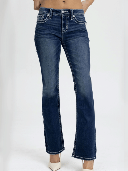 Miss Me M9610B Womens Mid Rise Bootcut Jean Dark Wash front view. If you need any assistance with this item or the purchase of this item please call us at five six one seven four eight eight eight zero one Monday through Saturday 10:00a.m EST to 8:00 p.m EST
