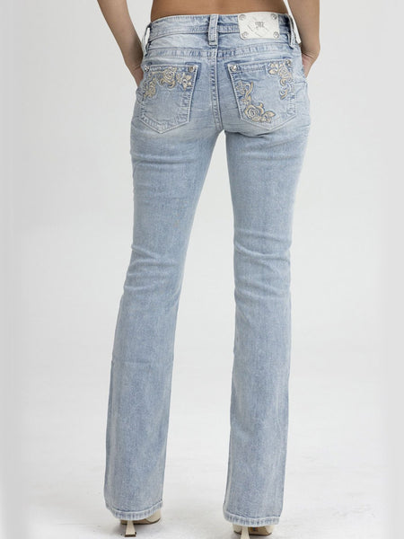 Miss Me M9622B Womens Embroidered Mid Rise Bootcut Jean Light Blue back view. If you need any assistance with this item or the purchase of this item please call us at five six one seven four eight eight eight zero one Monday through Saturday 10:00a.m EST to 8:00 p.m EST