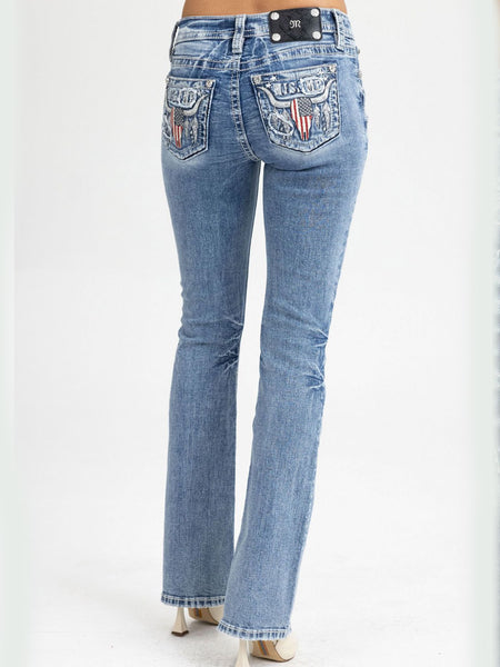 Miss Me M9624B Womens Mid Rise Bootcut Jeans Medium Blue back view. If you need any assistance with this item or the purchase of this item please call us at five six one seven four eight eight eight zero one Monday through Saturday 10:00a.m EST to 8:00 p.m EST