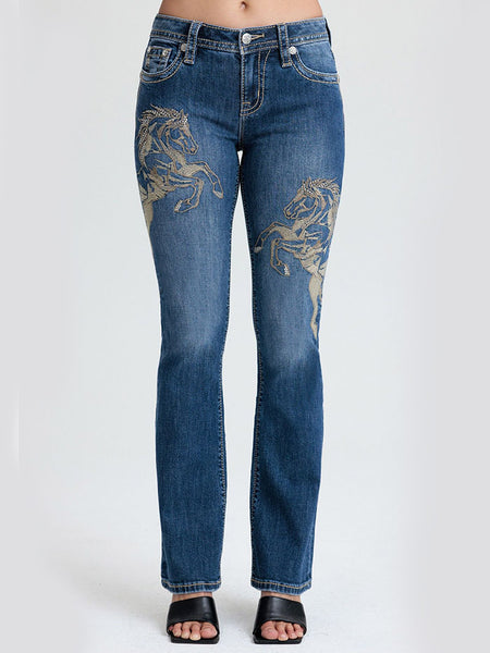Miss Me M9653B2 Womens Mid Rise Bootcut Jeans Medium Blue front view. If you need any assistance with this item or the purchase of this item please call us at five six one seven four eight eight eight zero one Monday through Saturday 10:00a.m EST to 8:00 p.m EST