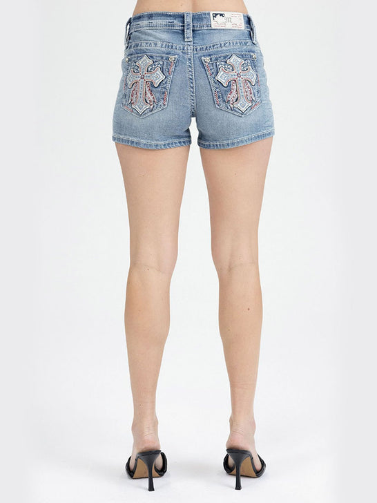 Miss Me M9661H Womens Mid Raise Denim Shorts Light Wash back view. If you need any assistance with this item or the purchase of this item please call us at five six one seven four eight eight eight zero one Monday through Saturday 10:00a.m EST to 8:00 p.m EST