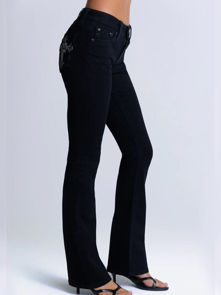 Miss Me M9711BL Womens Piper Bootcut Jeans Black side view. If you need any assistance with this item or the purchase of this item please call us at five six one seven four eight eight eight zero one Monday through Saturday 10:00a.m EST to 8:00 p.m EST