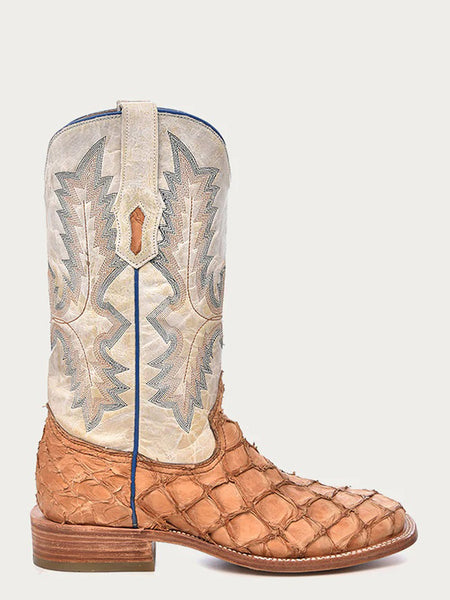 Corral A4050 Mens Pirarucu Embroidery Wide Square Toe Boot Cognac And White side view. If you need any assistance with this item or the purchase of this item please call us at five six one seven four eight eight eight zero one Monday through Saturday 10:00a.m EST to 8:00 p.m EST