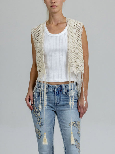 Miss Me MJ0866T Womens Crochet Crop Top Natural front view. If you need any assistance with this item or the purchase of this item please call us at five six one seven four eight eight eight zero one Monday through Saturday 10:00a.m EST to 8:00 p.m EST