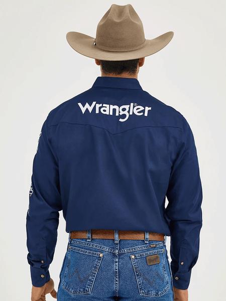 Wrangler MP2327N Mens Logo Long Sleeve Button Down Shirt Navy back view. If you need any assistance with this item or the purchase of this item please call us at five six one seven four eight eight eight zero one Monday through Saturday 10:00a.m EST to 8:00 p.m EST