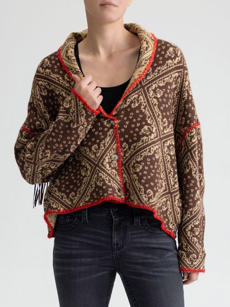 Miss Me MSW0605L Womens Paisley Print Sweater Brown front view. If you need any assistance with this item or the purchase of this item please call us at five six one seven four eight eight eight zero one Monday through Saturday 10:00a.m EST to 8:00 p.m EST