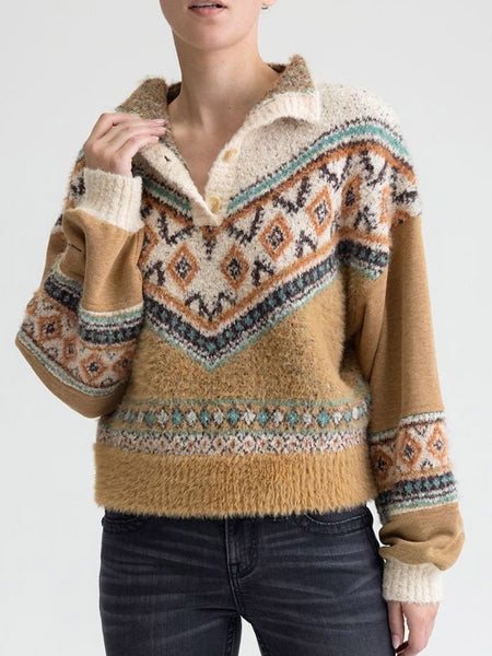 Miss Me MSW0606L Womens Patterned Sherpa Sweater Tan front view. If you need any assistance with this item or the purchase of this item please call us at five six one seven four eight eight eight zero one Monday through Saturday 10:00a.m EST to 8:00 p.m EST