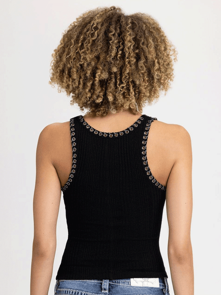 Miss Me MT3279T-BLK Womens Sparkly Sarai Knit Tank Black back view. If you need any assistance with this item or the purchase of this item please call us at five six one seven four eight eight eight zero one Monday through Saturday 10:00a.m EST to 8:00 p.m EST