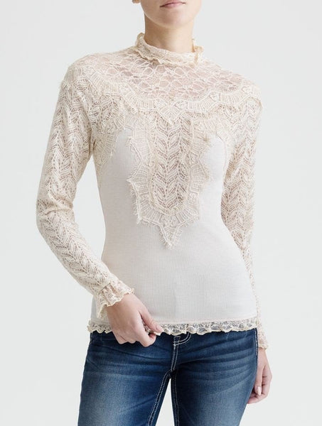 Miss Me MT3402L Womens Lace Mock Neck Top Natural front view. If you need any assistance with this item or the purchase of this item please call us at five six one seven four eight eight eight zero one Monday through Saturday 10:00a.m EST to 8:00 p.m EST