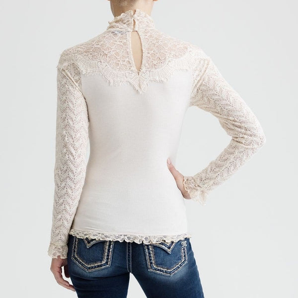 Miss Me MT3402L Womens Lace Mock Neck Top Natural back view. If you need any assistance with this item or the purchase of this item please call us at five six one seven four eight eight eight zero one Monday through Saturday 10:00a.m EST to 8:00 p.m EST