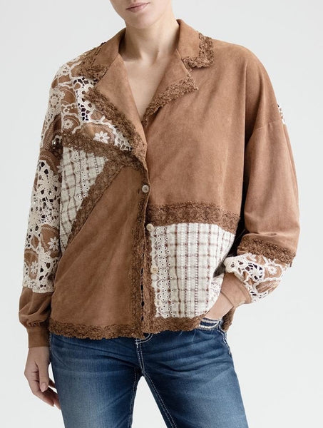 Miss Me MT3411L Womens Faux Suede Button Up Top Multi Brown front view. If you need any assistance with this item or the purchase of this item please call us at five six one seven four eight eight eight zero one Monday through Saturday 10:00a.m EST to 8:00 p.m EST