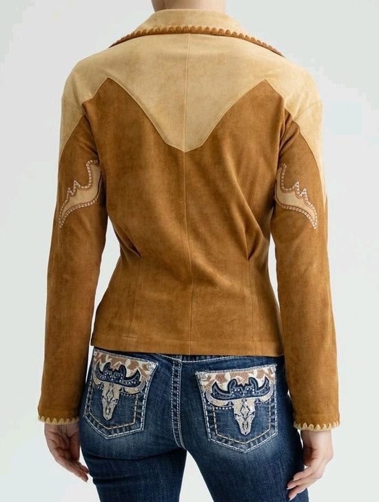Miss Me MT3417L Womens Faux Suede Fitted Top Camel Brown back view. If you need any assistance with this item or the purchase of this item please call us at five six one seven four eight eight eight zero one Monday through Saturday 10:00a.m EST to 8:00 p.m EST