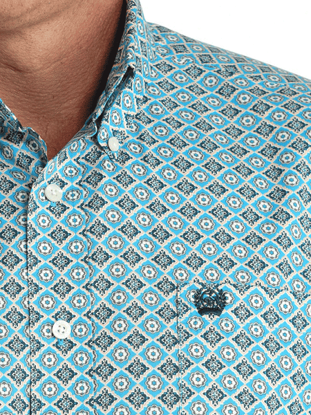Cinch MTW1105955 Mens Classic Fit Button Down Medallion Print Western Shirt Blue close up view. If you need any assistance with this item or the purchase of this item please call us at five six one seven four eight eight eight zero one Monday through Saturday 10:00a.m EST to 8:00 p.m EST