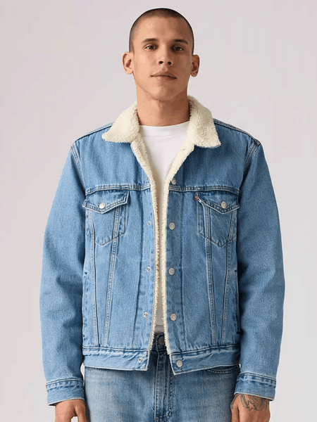 Levis 163650287 Mens Type 3 Sherpa Trucker Jacket Light Stonewash front view. If you need any assistance with this item or the purchase of this item please call us at five six one seven four eight eight eight zero one Monday through Saturday 10:00a.m EST to 8:00 p.m EST
