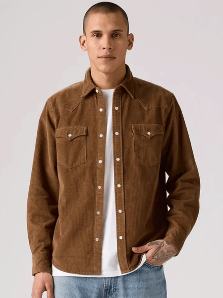 Levis 857450244 Mens Corduroy Western Snap Shirt Bark front view. If you need any assistance with this item or the purchase of this item please call us at five six one seven four eight eight eight zero one Monday through Saturday 10:00a.m EST to 8:00 p.m EST