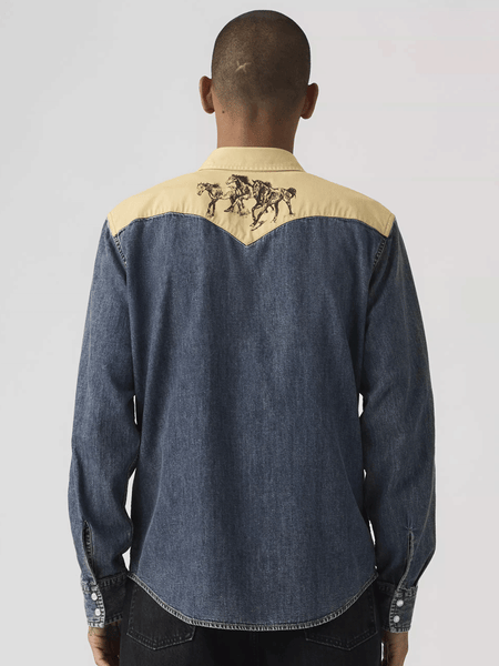 Levis 857450280 Mens Classic Standard Fit Western Shirt Harlem Rodeo Blue back view. If you need any assistance with this item or the purchase of this item please call us at five six one seven four eight eight eight zero one Monday through Saturday 10:00a.m EST to 8:00 p.m EST