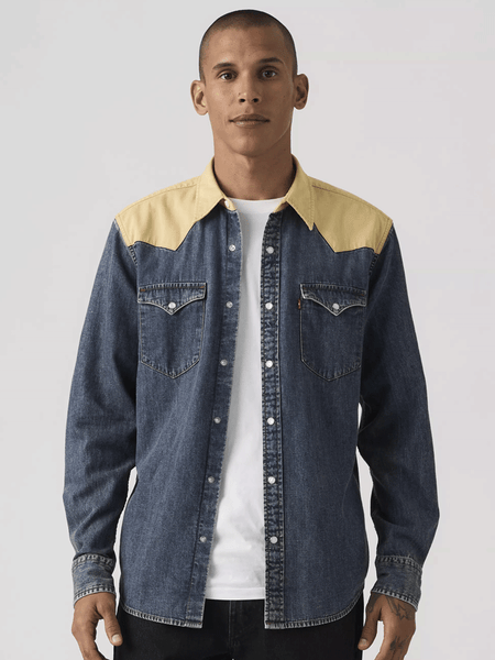 Levis 857450280 Mens Classic Standard Fit Western Shirt Harlem Rodeo Blue front view. If you need any assistance with this item or the purchase of this item please call us at five six one seven four eight eight eight zero one Monday through Saturday 10:00a.m EST to 8:00 p.m EST