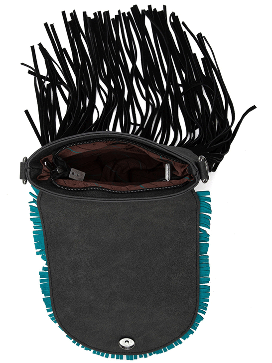 Montana West MW1291-8360BK Womens Concho Fringe Collection Saddle Bag Black inside view. If you need any assistance with this item or the purchase of this item please call us at five six one seven four eight eight eight zero one Monday through Saturday 10:00a.m EST to 8:00 p.m EST