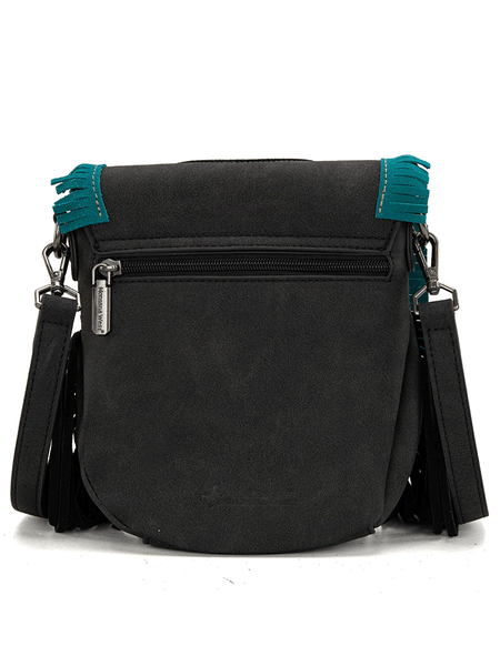 Montana West MW1291-8360BK Womens Concho Fringe Collection Saddle Bag Black back view. If you need any assistance with this item or the purchase of this item please call us at five six one seven four eight eight eight zero one Monday through Saturday 10:00a.m EST to 8:00 p.m EST