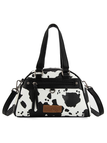 Wrangler WG399-5112BKCOW Womens Cow Print Satchel/Crossbody Bag Black front view. If you need any assistance with this item or the purchase of this item please call us at five six one seven four eight eight eight zero one Monday through Saturday 10:00a.m EST to 8:00 p.m EST
