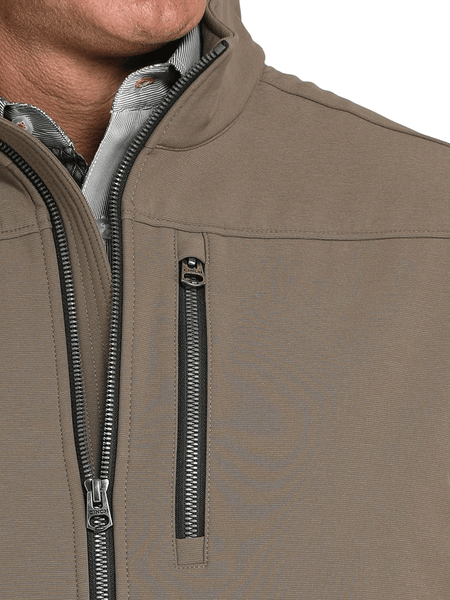 Cinch MWJ1539005 Mens Conceal Carry Bonded Jacket Brown close up. If you need any assistance with this item or the purchase of this item please call us at five six one seven four eight eight eight zero one Monday through Saturday 10:00a.m EST to 8:00 p.m EST