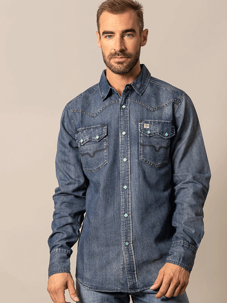 Kimes Ranch MEMPHIS Mens Long Sleeve Western Shirt Indigo front view. If you need any assistance with this item or the purchase of this item please call us at five six one seven four eight eight eight zero one Monday through Saturday 10:00a.m EST to 8:00 p.m EST