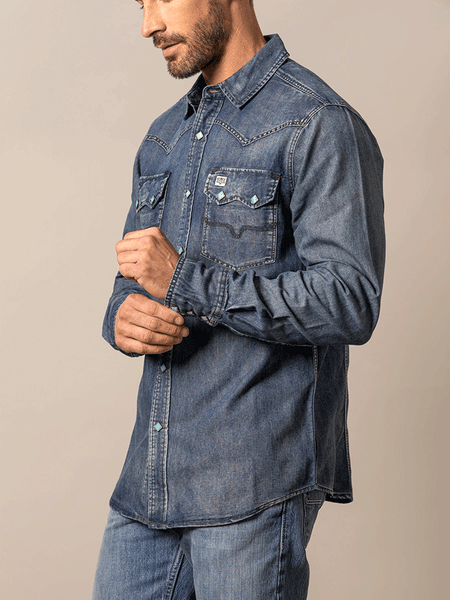 Kimes Ranch MEMPHIS Mens Long Sleeve Western Shirt Indigo side view. If you need any assistance with this item or the purchase of this item please call us at five six one seven four eight eight eight zero one Monday through Saturday 10:00a.m EST to 8:00 p.m EST