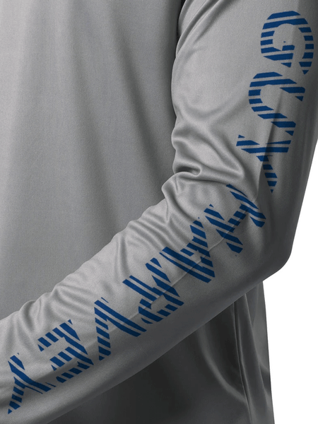 Guy Harvey GHV56925-SIL Mens Bass Diamond UPF 50 Sun Protection Hoodie Silver sleeve view. If you need any assistance with this item or the purchase of this item please call us at five six one seven four eight eight eight zero one Monday through Saturday 10:00a.m EST to 8:00 p.m EST