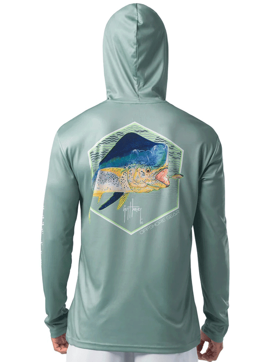 Guy Harvey GHV56925-BLS Mens Mahi Gear UPF 50 Sun Protection Hoodie Blue Surf back view. If you need any assistance with this item or the purchase of this item please call us at five six one seven four eight eight eight zero one Monday through Saturday 10:00a.m EST to 8:00 p.m EST