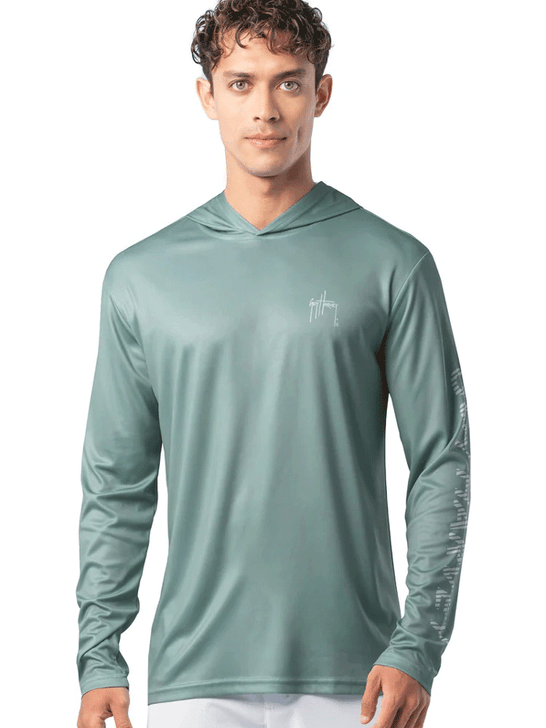 Guy Harvey GHV56925-BLS Mens Mahi Gear UPF 50 Sun Protection Hoodie Blue Surf front view. If you need any assistance with this item or the purchase of this item please call us at five six one seven four eight eight eight zero one Monday through Saturday 10:00a.m EST to 8:00 p.m EST