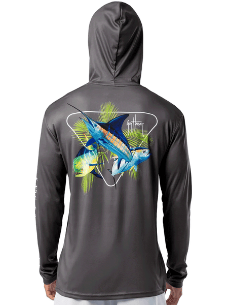 Guy Harvey GHV56925-GRY Mens Rack UPF 50 Sun Protection Hoodie Grey back view. If you need any assistance with this item or the purchase of this item please call us at five six one seven four eight eight eight zero one Monday through Saturday 10:00a.m EST to 8:00 p.m EST