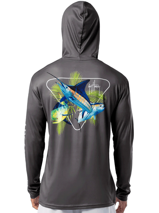 Guy Harvey GHV56925-GRY Mens Rack UPF 50 Sun Protection Hoodie Grey back view. If you need any assistance with this item or the purchase of this item please call us at five six one seven four eight eight eight zero one Monday through Saturday 10:00a.m EST to 8:00 p.m EST