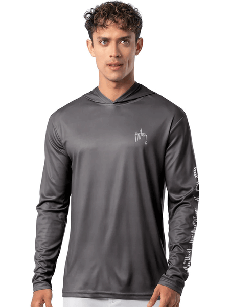 Guy Harvey GHV56925-GRY Mens Rack UPF 50 Sun Protection Hoodie Grey front view. If you need any assistance with this item or the purchase of this item please call us at five six one seven four eight eight eight zero one Monday through Saturday 10:00a.m EST to 8:00 p.m EST