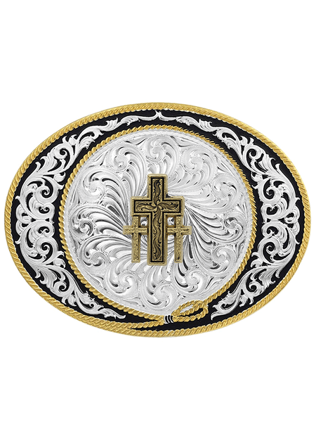 Montana Silversmiths 6190-855 Triple Cross Ranch Rope Buckle Silver front view. If you need any assistance with this item or the purchase of this item please call us at five six one seven four eight eight eight zero one Monday through Saturday 10:00a.m EST to 8:00 p.m EST