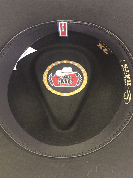 Dallas Hats OUTLAW 3 Wool Felt Hat Black inside view. If you need any assistance with this item or the purchase of this item please call us at five six one seven four eight eight eight zero one Monday through Saturday 10:00a.m EST to 8:00 p.m EST