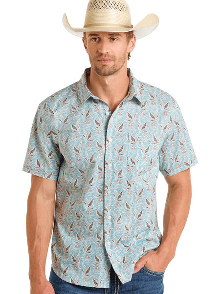 Panhandle PMB3S06569 Mens Short Sleeve Western Shirt Light Blue front view. If you need any assistance with this item or the purchase of this item please call us at five six one seven four eight eight eight zero one Monday through Saturday 10:00a.m EST to 8:00 p.m EST