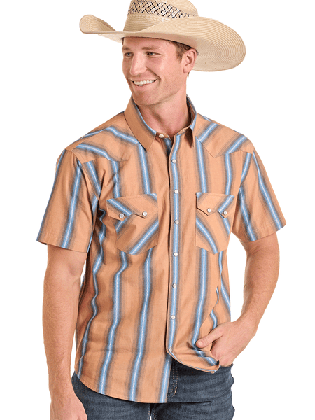 Panhandle PMN3S06573 Mens Dobby Stripe Short Sleeve Snap Shirt Tan front view. If you need any assistance with this item or the purchase of this item please call us at five six one seven four eight eight eight zero one Monday through Saturday 10:00a.m EST to 8:00 p.m EST