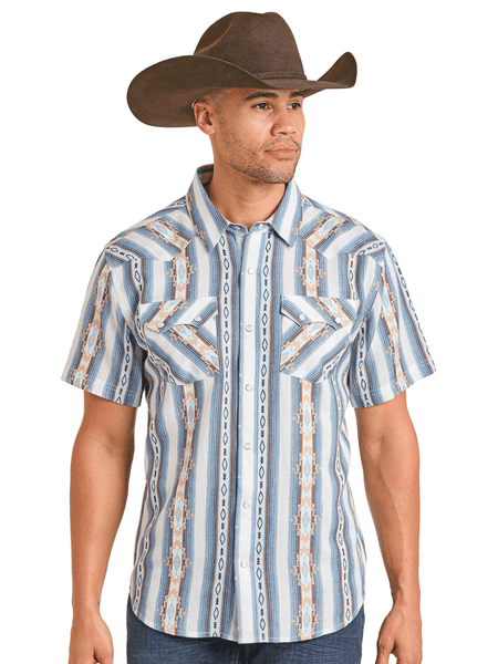Panhandle PMN3S06903 Mens Short Sleeve Snap Shirt Blue Natural front view. If you need any assistance with this item or the purchase of this item please call us at five six one seven four eight eight eight zero one Monday through Saturday 10:00a.m EST to 8:00 p.m EST