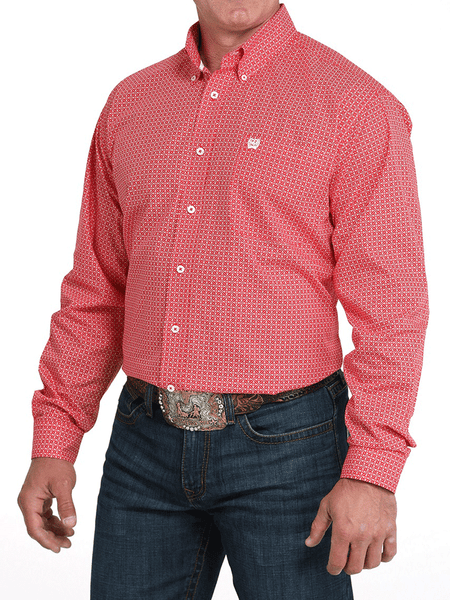 Cinch MTW1105993 Mens Long Sleeve Geometric Print Shirt Red front view. If you need any assistance with this item or the purchase of this item please call us at five six one seven four eight eight eight zero one Monday through Saturday 10:00a.m EST to 8:00 p.m EST