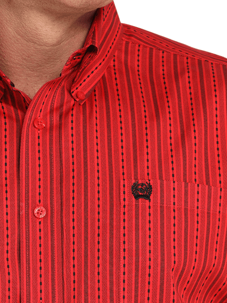 Cinch MTW1105991 Mens Long Sleeve Weave Stripe Print Shirt Red close up view. If you need any assistance with this item or the purchase of this item please call us at five six one seven four eight eight eight zero one Monday through Saturday 10:00a.m EST to 8:00 p.m EST