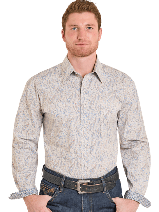 Panhandle RMN2S07581 Mens Rough Stock Snap Long Sleeve Shirt Beige front view. If you need any assistance with this item or the purchase of this item please call us at five six one seven four eight eight eight zero one Monday through Saturday 10:00a.m EST to 8:00 p.m EST