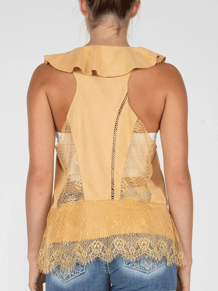 Miss Me MJ0635T Womens Ruffled Flowy Vest Mustard Gold back view. If you need any assistance with this item or the purchase of this item please call us at five six one seven four eight eight eight zero one Monday through Saturday 10:00a.m EST to 8:00 p.m EST