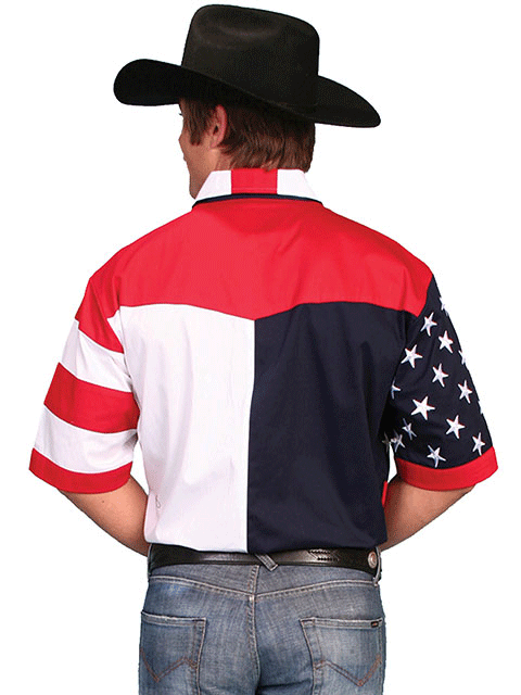 Scully RW029SS Mens Short Sleeve Patriot Western Shirt Bold Stars And Stripes front view. If you need any assistance with this item or the purchase of this item please call us at five six one seven four eight eight eight zero one Monday through Saturday 10:00a.m EST to 8:00 p.m EST