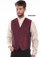 Scully RW093 Mens Rangewear Paisley Button Vest In Burgundy front view. If you need any assistance with this item or the purchase of this item please call us at five six one seven four eight eight eight zero one Monday through Saturday 10:00a.m EST to 8:00 p.m EST